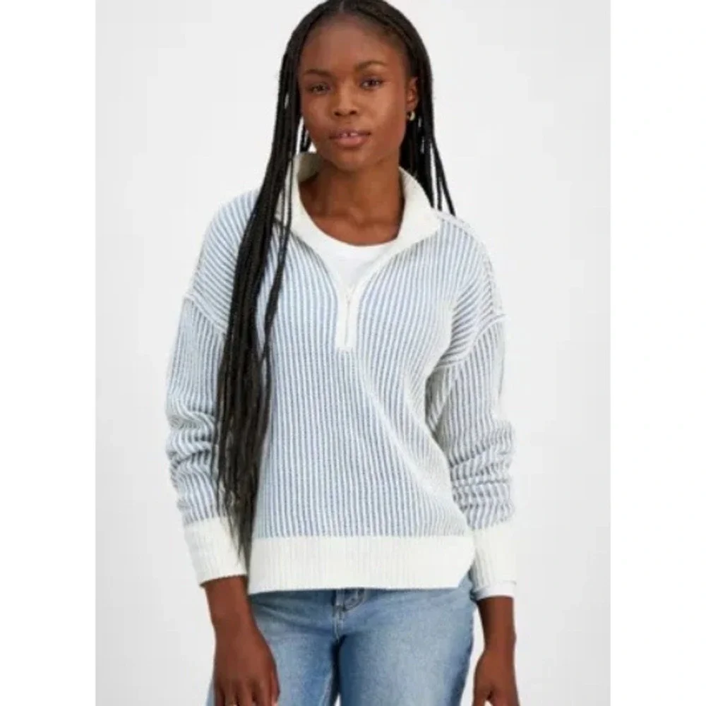 Ultra Flirt Womens Blue Cream Striped Quarter Zip Ribbed Knit Sweater Large
